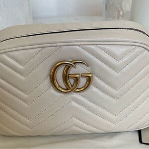 Beige Quilted Crossbody Bag with Gold Double-G Accent